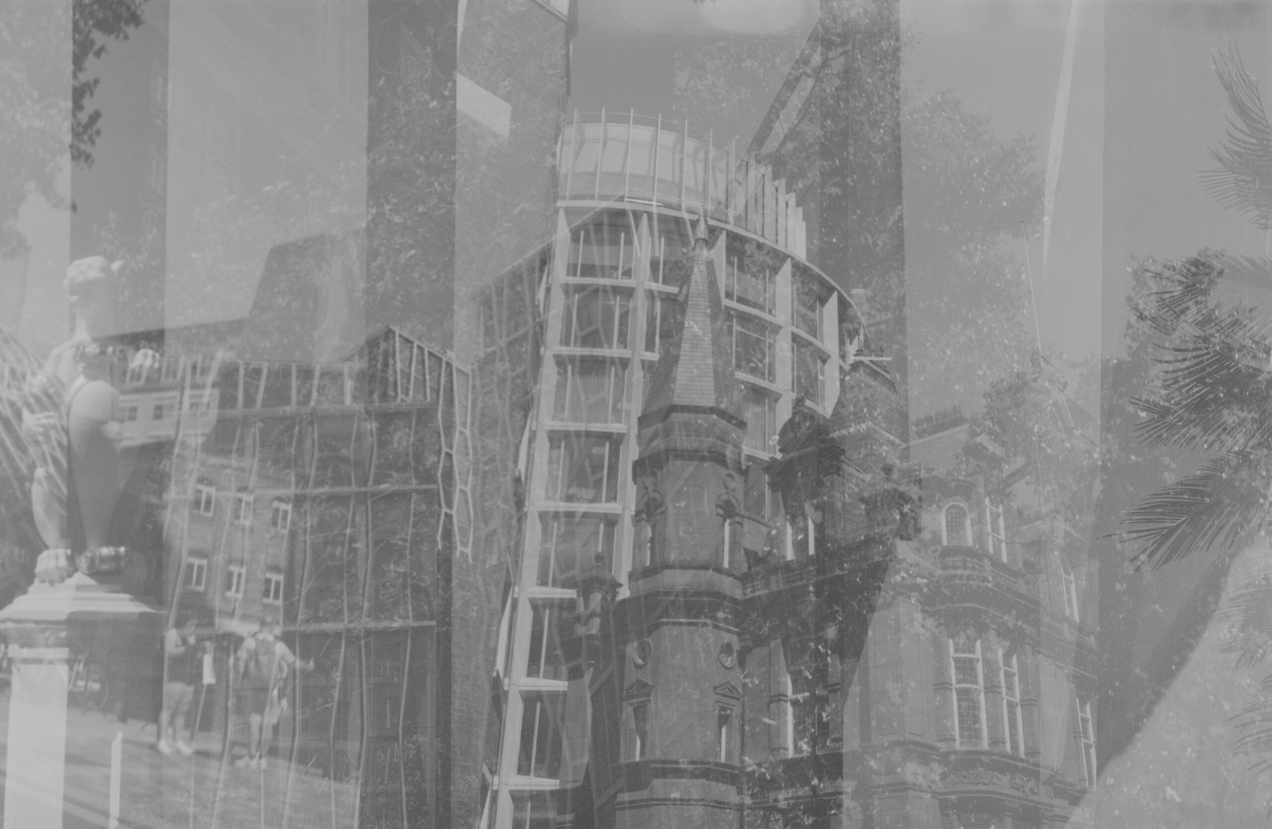 Monochrome layered view of modern and historic urban architecture