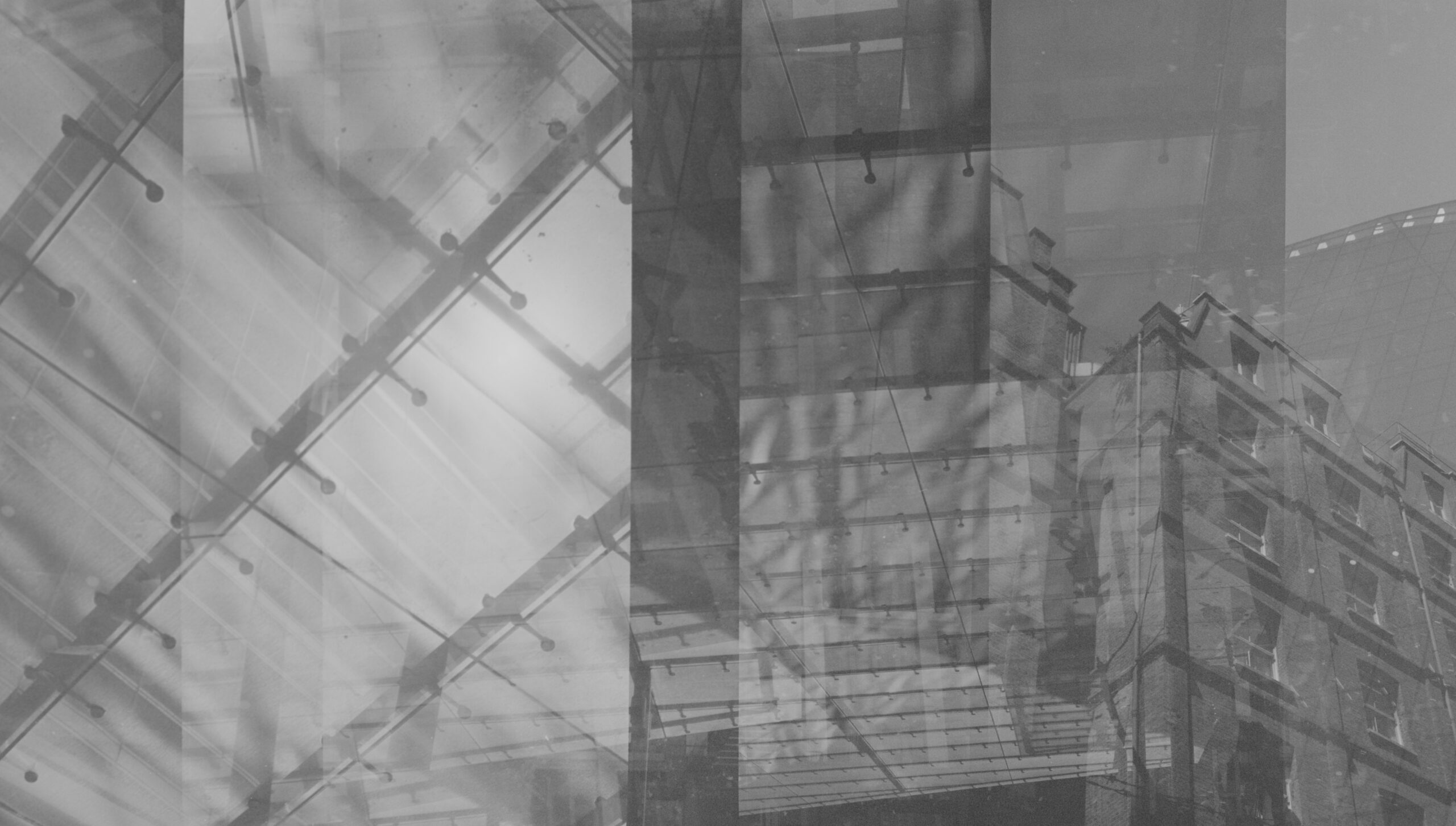Monochrome atrium ceiling and city architecture double exposure