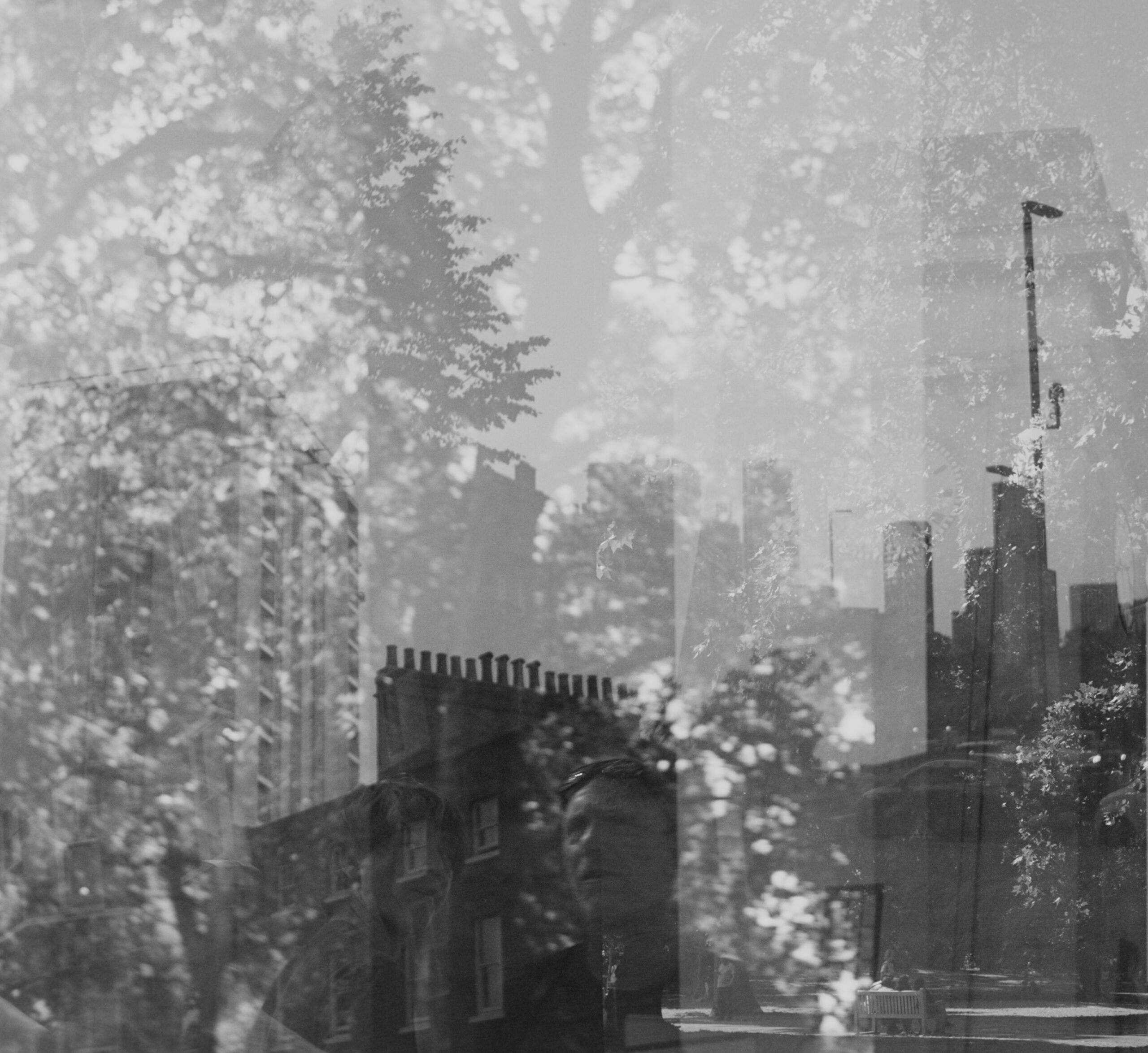 Monochrome double exposure of foliage brick buildings and streetlamp