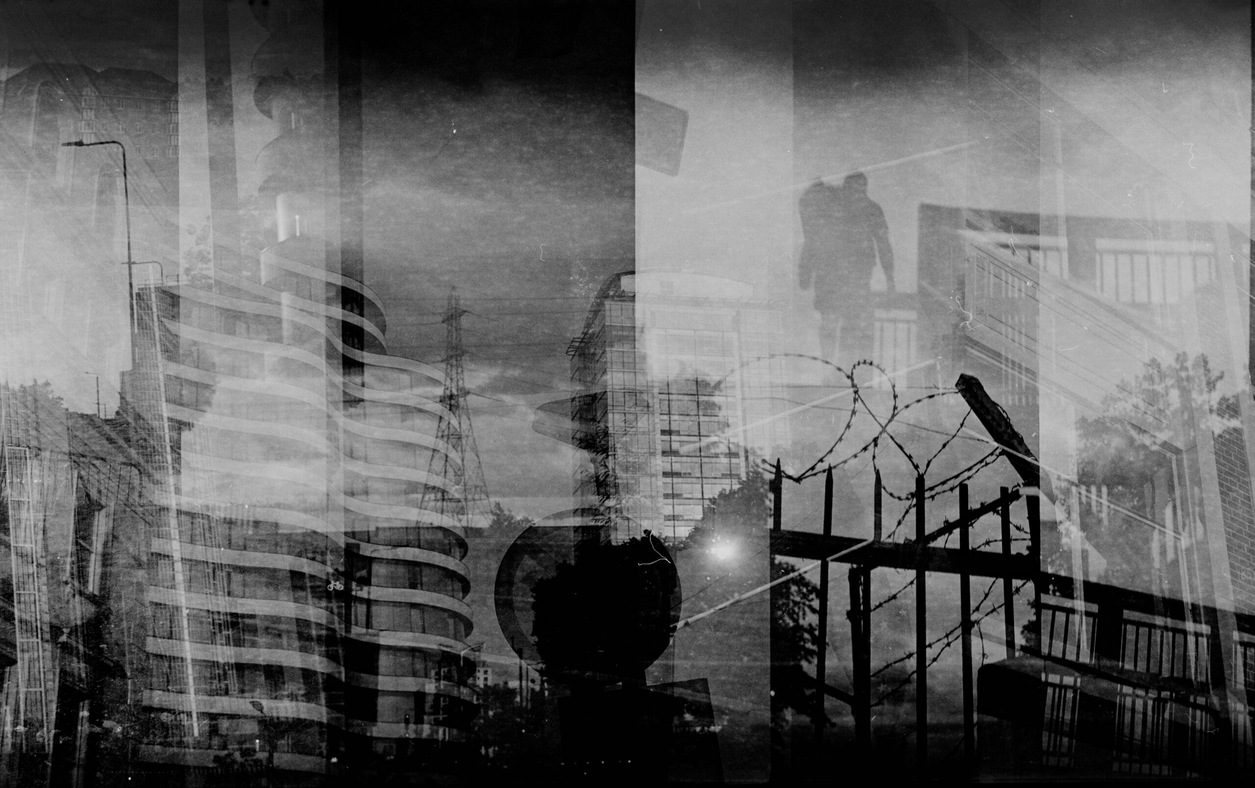 Monochrome urban collage with buildings infrastructure and silhouetted figure