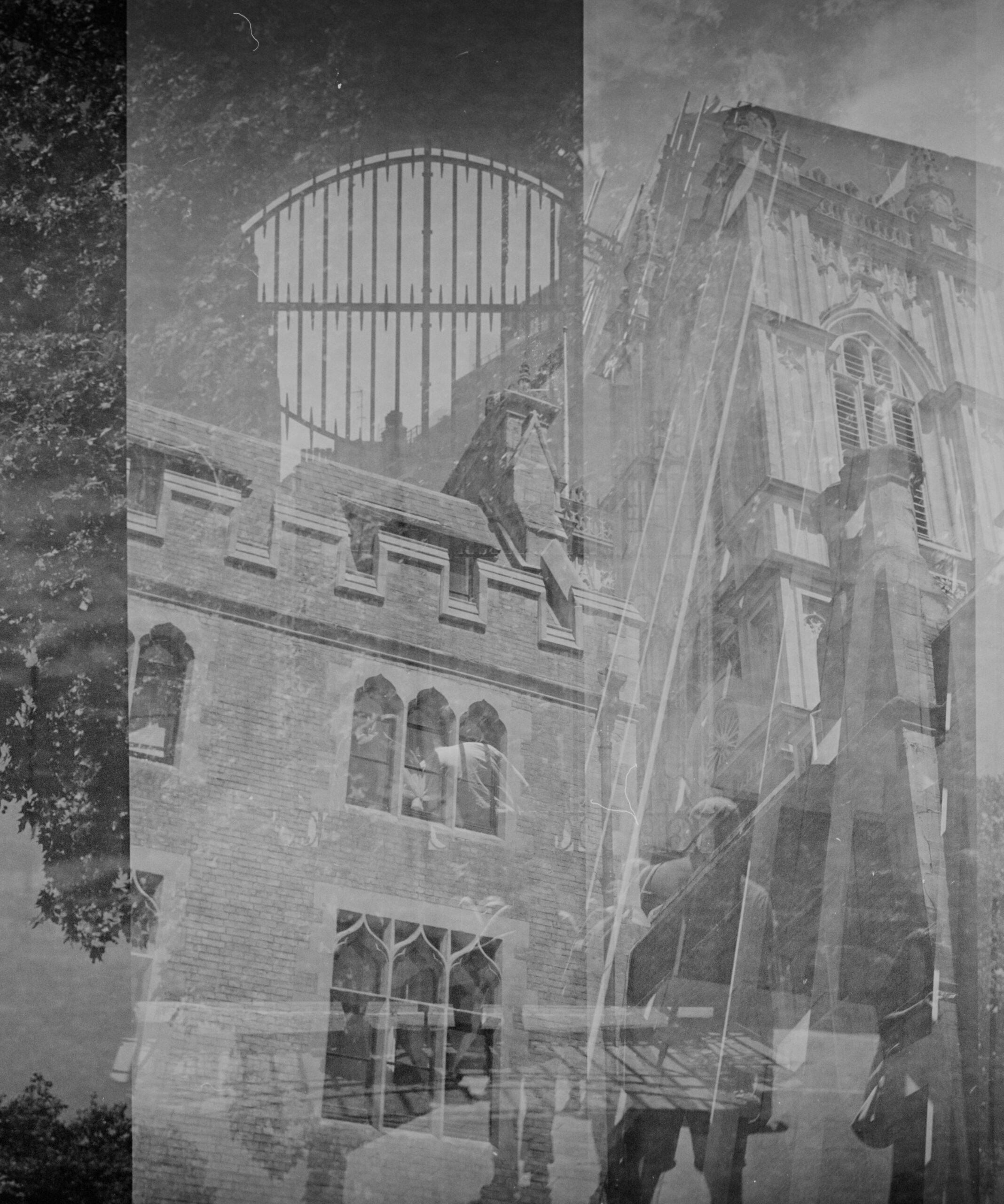 Monochrome layered historic architecture and trees