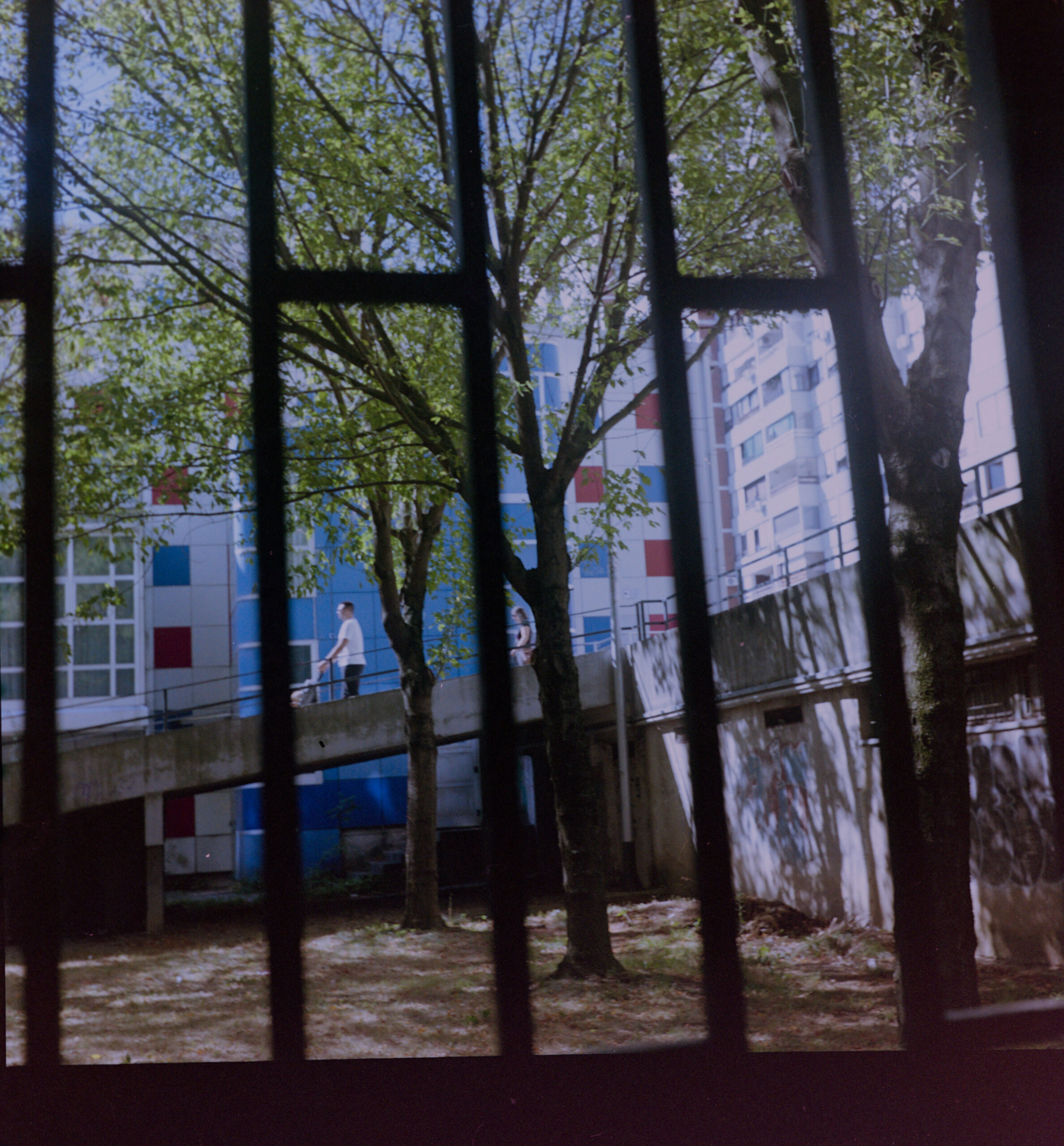 Modern Zagreb building viewed through metal bars