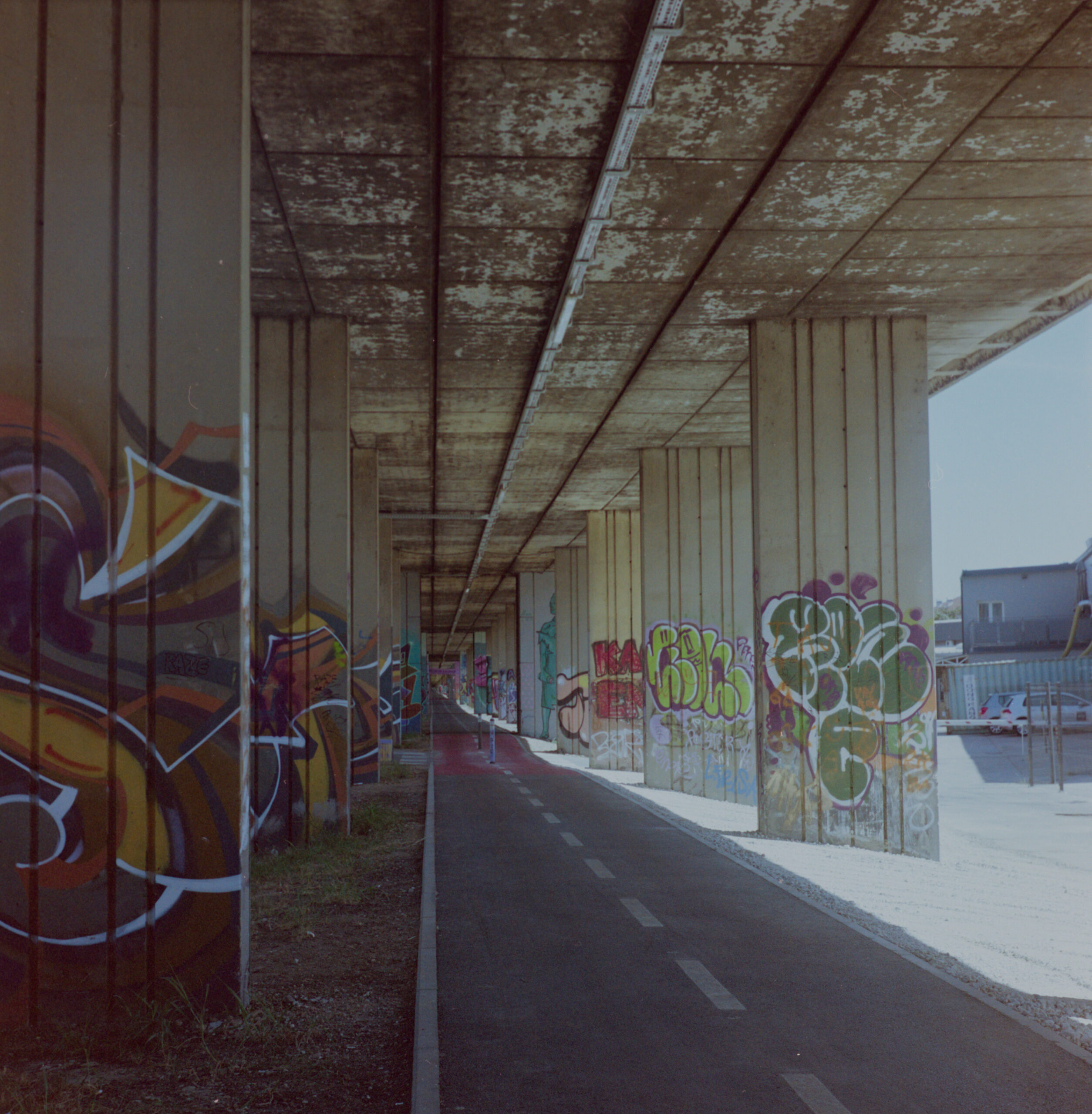 Graffiti-covered concrete overpass in Zagreb